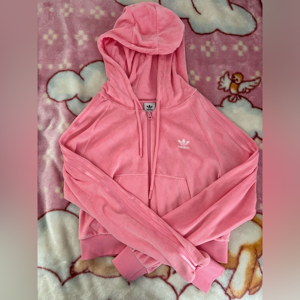 Adidas pink velour cropped hoodie